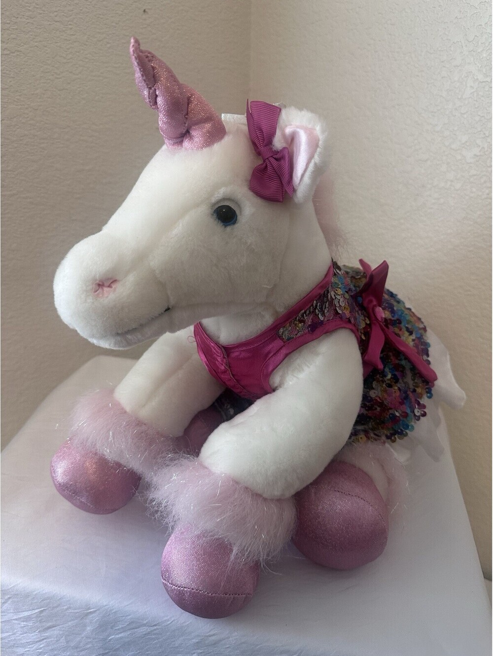 Build A Bear Unicorn White Pink Sparkle Sequined Dress 16" Stuffed Plush VTG